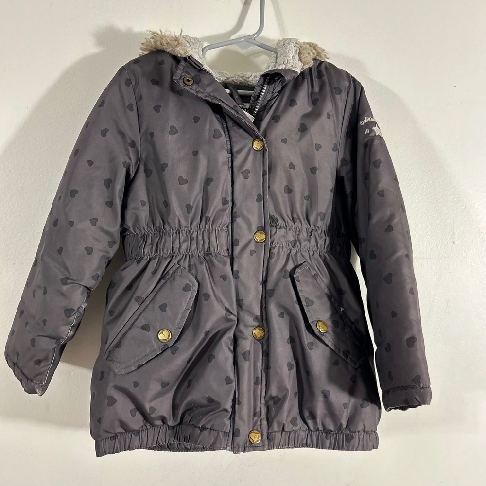 OshKosh B'gosh Parka Kids Size 6 Gray Heart Print Fleece Hooded Winter Coat - Picture 1 of 15
